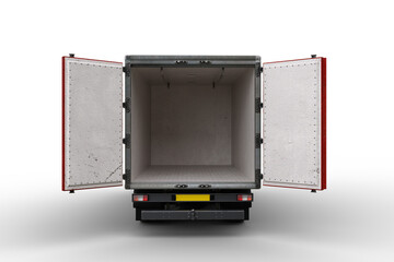 Poster - Rear view 3D illustration of an empty light commercial truck with back doors open isolated on transparent background