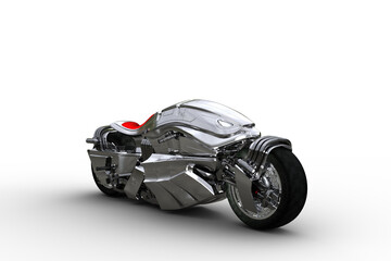 Poster - 3D illustration of a futuristic cyberpunk style silver motorcycle isolated on a transparent background.