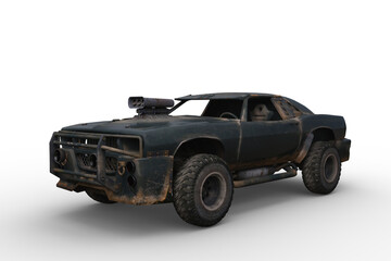 Poster - 3D rendering of a post apocalyptic car isolated on a transparent background.