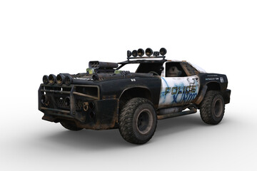 Poster - 3D rendering of a post apocalyptic police car isolated on a transparent background.