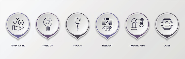 Poster - infographic template with outline icons. thin line icons such as fundraising, music on, implant, res