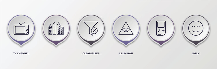 Poster - infographic template with outline icons. thin line icons such as tv channel, , clear filter, illuminati, smily editable vector. can be used for web, mobile, info