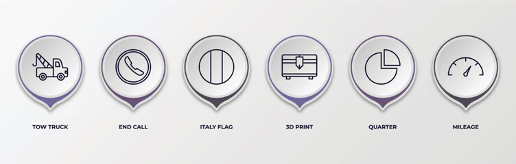 Poster - infographic template with outline icons. thin line icons such as tow truck, end call, italy flag, 3d print, quarter, mileage editable vector. can be used for web, mobile, info graph.