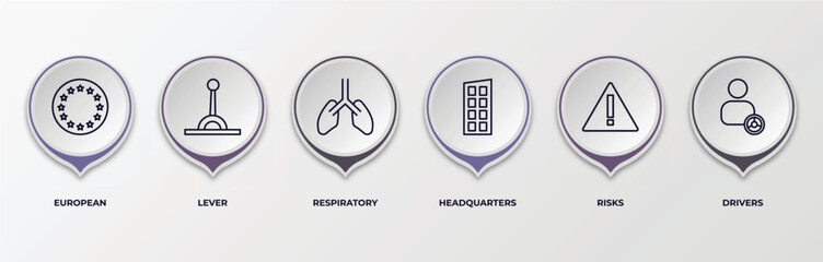 infographic template with outline icons. thin line icons such as european, lever, respiratory, headquarters, risks, drivers editable vector. can be used for web, mobile, info graph.