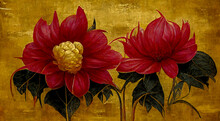 Red Flowers On Golden Background. Thai Paint. Thai Art. Antique Thailand Background. Thai Pattern. 3D Rendering