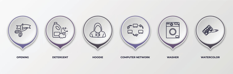 Poster - infographic template with outline icons. thin line icons such as opening, detergent, hoodie, computer network, washer, watercolor editable vector. can be used for web, mobile, info graph.