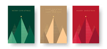 Christmas Card Designs With Geometric Christmas Tree Scene Illustration. Set Of Modern Christmas Card Templates Vector With Merry Christmas And Happy New Year Text.