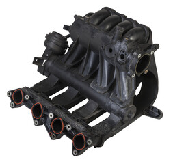 Canvas Print - Intake manifold plastic housing with a system for adjusting the air flow to the engine. Repair and replacement of spare parts of vehicles in a car service.