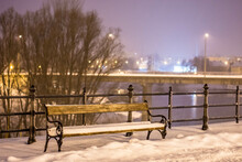 Winter Promenade, With Bench And Snow