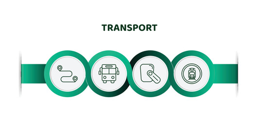 editable thin line icons with infographic template. infographic for transport concept. included way, public transport, hands free device, tram stop label icons.