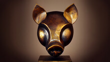 3D Rendered Illustration, Copper Pig Sculpture, One Of The Chinese Zodiac Signs.