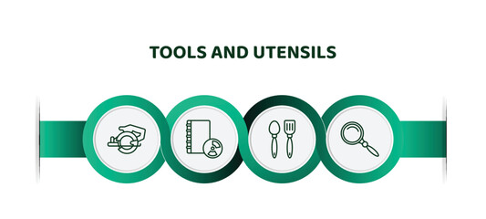 Poster - editable thin line icons with infographic template. infographic for tools and utensils concept. included power saw, book with cd rom, tools and utensils, searching tool icons.