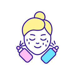 Sticker - Limit using of cosmetic products RGB color icon. Too many remedies. Skincare routine and beauty. Isolated raster illustration. Simple filled line drawing