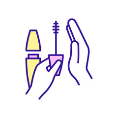 Sticker - Mascara brush in woman hands RGB color icon. Professional makeup product. Beauty and glamour. Isolated raster illustration. Simple filled line drawing