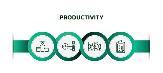 Poster - editable thin line icons with infographic template. infographic for productivity concept. included competition, time hierarchy, soccer tactics diagram, task page with marks icons.