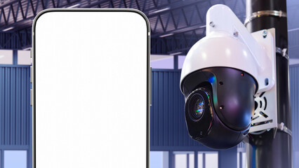 Phone template. Control video surveillance system from phone. Management surveillance cameras through app. Place for video surveillance phone app. Security camera inside building. Art focus. 3d image