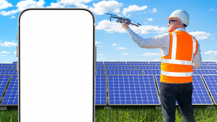 Poster - Solar panels. Mock up phone. Man with drone stands near solar panels. Solar panels for electricity supply. Sunbeam traps in summer field. Phone with place for application. Apps for power station