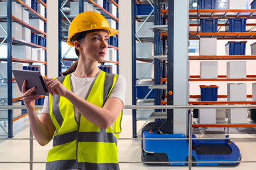Poster - Woman inside automated warehouse. Storage worker manages warehouse via tablet. Concept of applications for managing warehouse equipment. Woman in yellow vest and helmet. Automated fulfillment