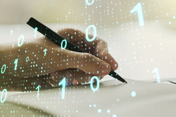 Aufkleber - Creative abstract binary code sketch and man hand writing in notepad on background, hacking and matrix concept. Multiexposure