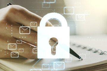 Poster - Creative lock sketch with email symbols hologram and man hand writing in notepad on background, protection of personal data concept. Multiexposure
