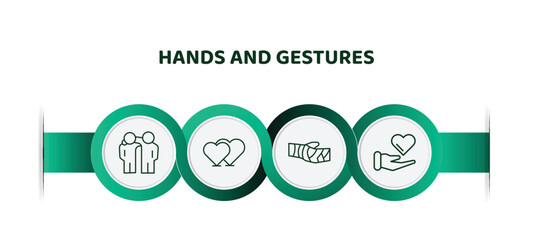 Sticker - editable thin line icons with infographic template. infographic for hands and gestures concept. included friend, heart, sling, giving love icons.