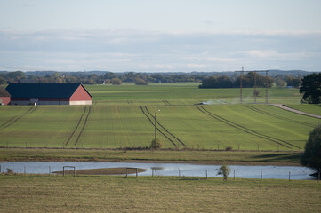 Wall Mural - Flat farmland landscape with red barn and electricity pylons in Skåne Sweden during autumn