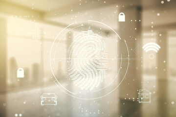 Aufkleber - Double exposure of virtual creative fingerprint hologram on empty room interior background, protection of personal information concept