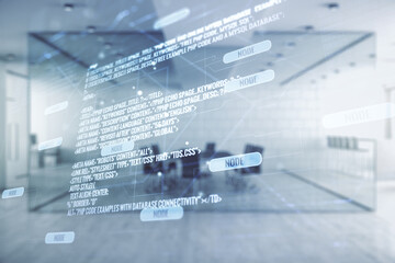 Aufkleber - Multi exposure of abstract creative coding sketch on a modern furnished office background, artificial intelligence and neural networks concept