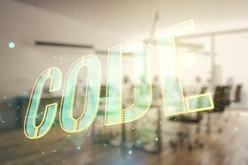 Aufkleber - Code word hologram on modern corporate office background, artificial intelligence and neural networks concept. Multiexposure