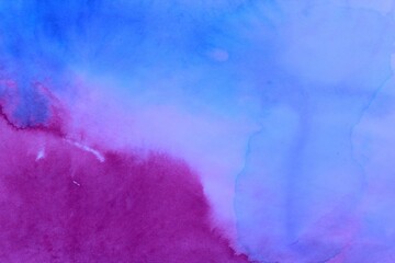 Wall Mural - Pink and blue watercolor background. Transparent lines and spots on a white paper background. Paint spots and ombre effects. A hand-drawn abstract image on paper.