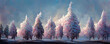 © Nokhoog - future the snow-covered pine tree forest in a blizzard. Mighty evergreen trees. Atmospheric landscape. Idyllic rural scene. Winter wonderland. Pure nature, climate change, seasons.3d render