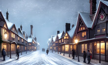 Victorian Winter City Town Street Covered In Snow. Digital Matte Painting