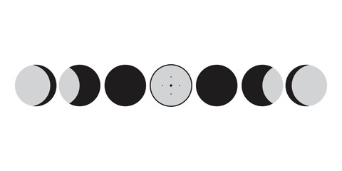 Wall Mural - Moon phases scheme sphere shadow cycle astronomy icon set. Vector Illustration background