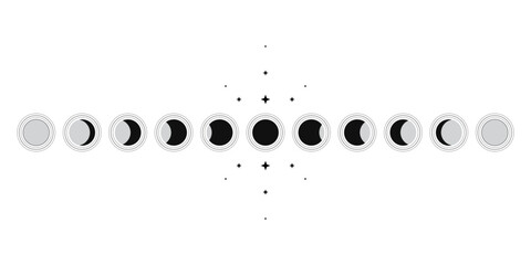 Wall Mural - Moon phases scheme sphere shadow cycle astronomy icon set. Vector Illustration background