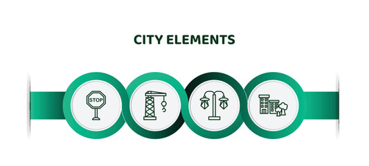 Sticker - editable thin line icons with infographic template. infographic for city elements concept. included stop, tower crane, street light, apartment icons.