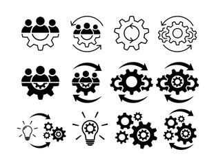 Wall Mural - Teamwork process icon set. Team and gear symbols isolated on white. Leadership and creative signs in flat Line and fill icons Group of people symbol Teamwork abstract icon in black Vector illustration