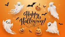 Halloween Holiday Poster. Flying Ghosts, Pumpkins And Bats. Halloween Celebration Party Vector Background, Wallpaper Or Horizontal Backdrop With Jack O Lanterns Smiling Face, Ghosts Characters, Cobweb