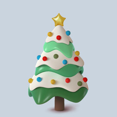 Poster - Abstract snow Christmas tree decorated with toys. Vector 3d illustration. Happy New Year and Merry Christmas.