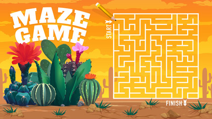 Aufkleber - Cactuses and succulents in desert labyrinth maze. Vector kids board game worksheet with cartoon prickly flowers. Educational boardgame with path, start and finish, children riddle, preschool activity