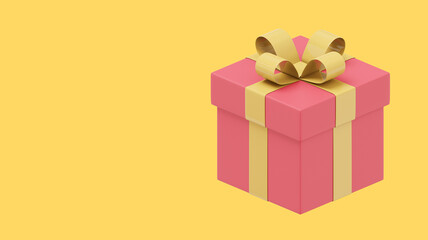 Poster - Realistic red gift box with yellow ribbon. 3D rendering. Icon on yellow background, text space.
