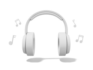 Poster - 3d rendering. White headphones with notes on white background. Front view.
