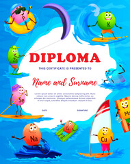 Wall Mural - Kids diploma cartoon micronutrient and mineral characters on summer vacation. Vector certificate with funny elements Cu, Zn, Mn, Ca, Na, Se, P, K, I enjoy water sport recreation, award frame template
