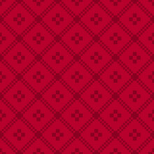 Vector Geometric Traditional Folk Ornament. Nordic Scandinavian Style. Winter Christmas Theme. Red Seamless Pattern. Background Texture With Squares, Crosses, Snowflakes, Flower Shapes, Embroidery