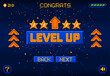 © Vector Tradition - 8bit game level up pixel screen. Retro arcade user interface mosaic backdrop or level design element, 16 bit platform console victory menu pixelated vector background. PC vintage game bonus display