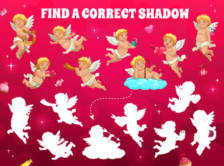 Poster - Find correct shadow of cartoon cupid angels, vector puzzle game worksheet. Find similar shadow silhouette or search riddle with funny cartoon Valentine cupids with bow arrows and love hearts on clouds