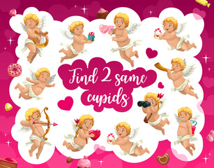 Poster - Find two same cartoon cupid angels, game worksheet or vector puzzle brainteaser. Riddle game to match and find similar cartoon funny Valentine day cupids with arrow and bow, gifts and love hearts