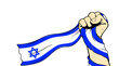 The hand holds the flag of Israel on a white background.