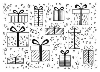 Wall Mural - Set with gift box with different bows. Hand drawn vector illustration.