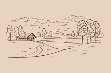 Wall Mural - Rural landscape with road and tree. Hand drawn illustration converted to vector.