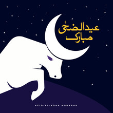 Translate: Eid Al Adha Arabic Calligraphic. Cow With Jump Crescent Moon. Vector Illustration.